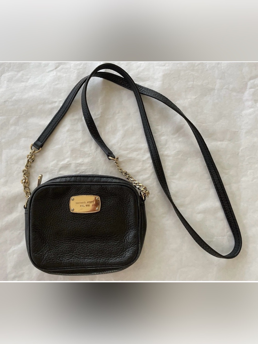 Michael Kors Mini Black Genuine Leather Crossbody with Gold Plate and Chain